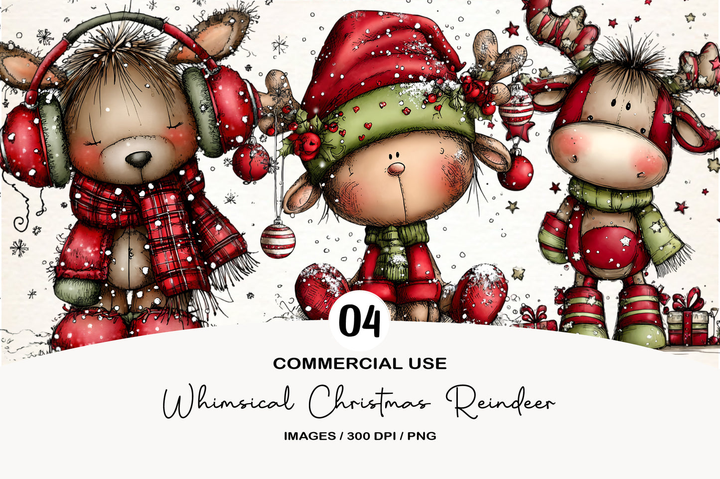 Whimsical Christmas Cute Reindeer Clipart PNG Bundle | Adorable Watercolor Holiday Reindeer | Festive Deer PNG