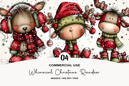 Whimsical Christmas Cute Reindeer Clipart PNG Bundle | Adorable Watercolor Holiday Reindeer | Festive Deer PNG
