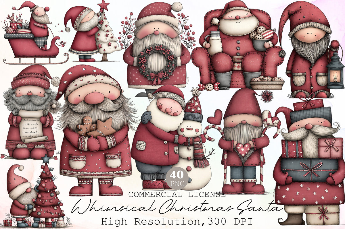 Whimsical Christmas Santa Clipart Cute Holiday Santa PNG Bundle