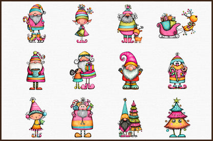 Whimsical Christmas Gnome Clipart Colorful Holiday Gnome PNG Bundle