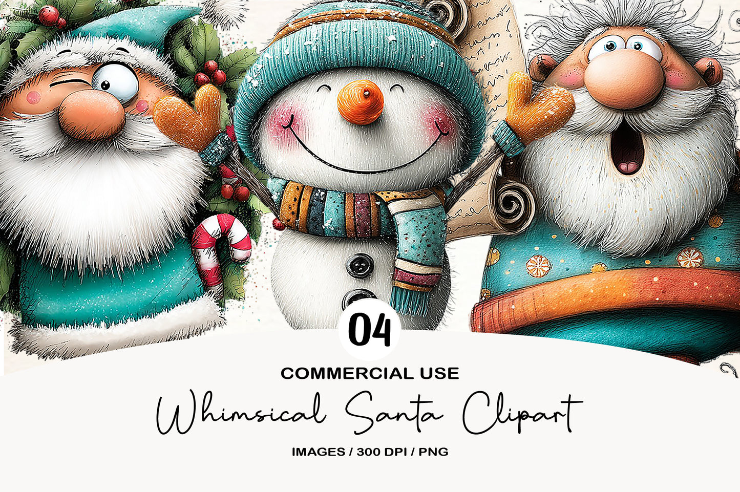 Whimsical Christmas Santa Clipart PNG Bundle | Cute Watercolor Holiday Santa Claus Clipart