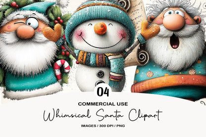 Whimsical Christmas Santa Clipart PNG Bundle | Cute Watercolor Holiday Santa Claus Clipart