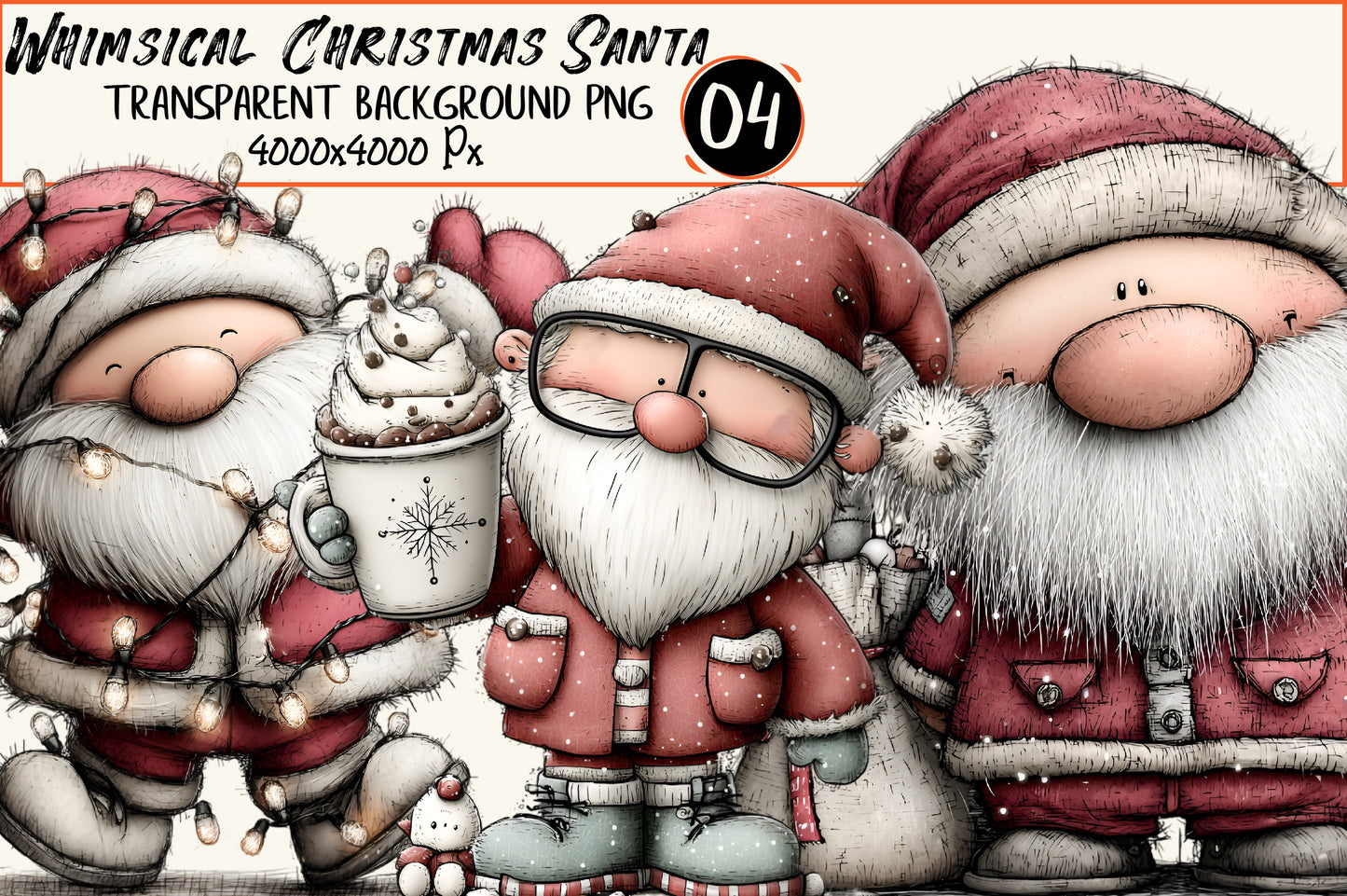 Whimsical Christmas Santa Clipart PNG – 4 Designs