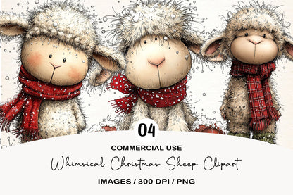 Whimsical Christmas Sheep Clipart PNG Bundle | Cute Watercolor Holiday Sheep Clipart | Festive Christmas Lamb PNG