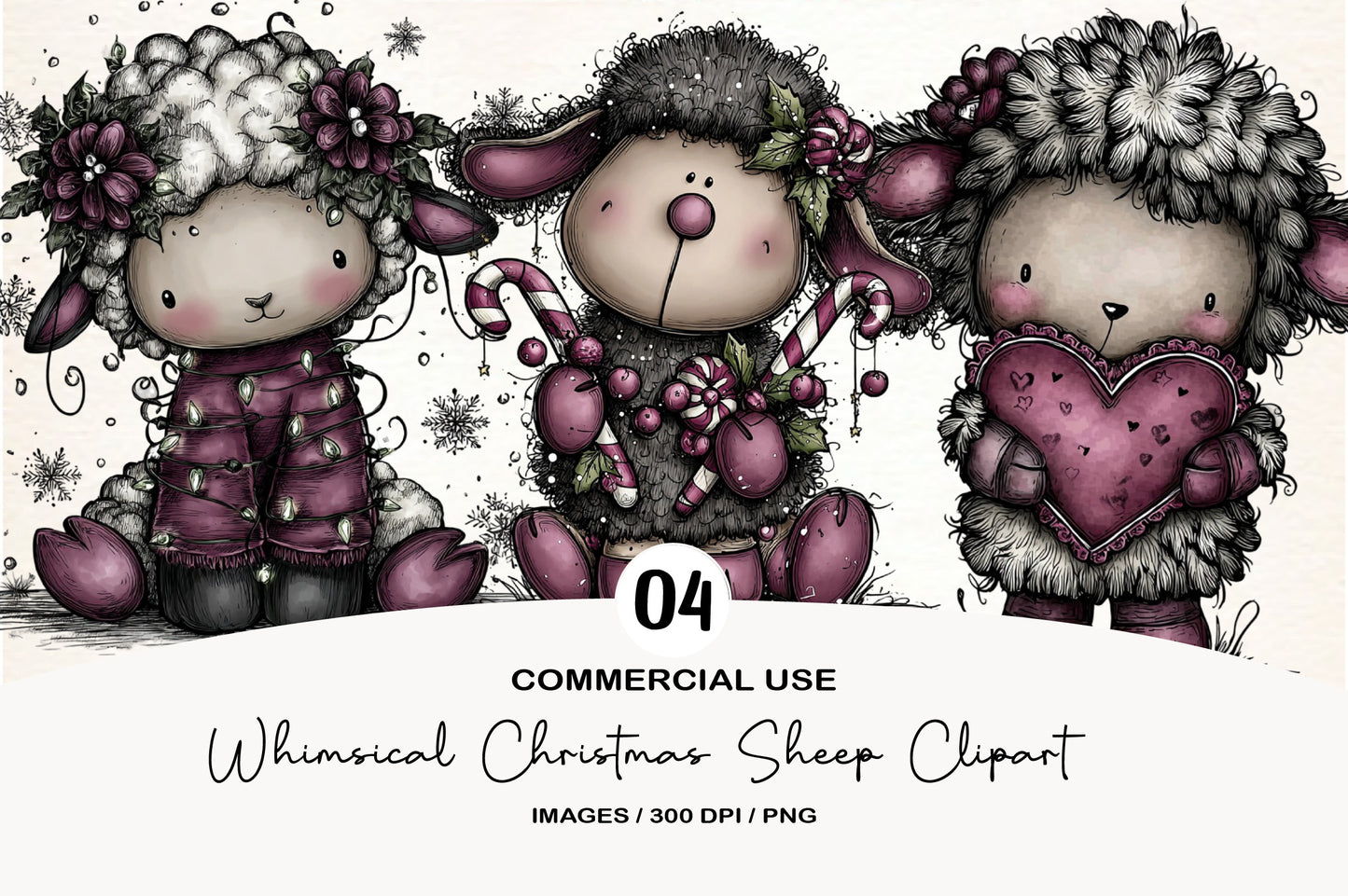 Whimsical Christmas Sheep Clipart PNG Bundle | Cute Watercolor Holiday Sheep Clipart | Festive Farmhouse Sheep PNG