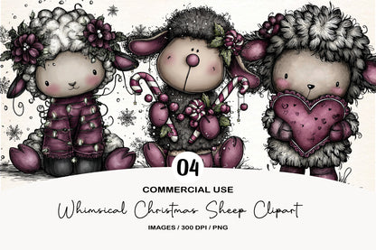 Whimsical Christmas Sheep Clipart PNG Bundle | Cute Watercolor Holiday Sheep Clipart | Festive Farmhouse Sheep PNG