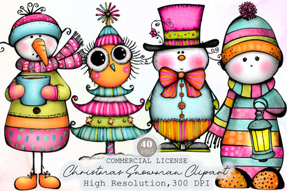 Whimsical Christmas Snowman Clipart Cute Holiday Snowman PNG Bundle