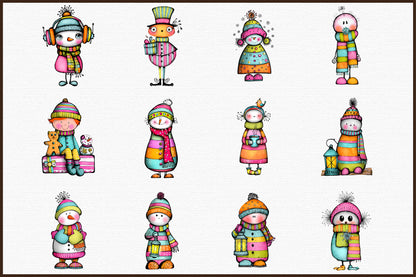 Whimsical Christmas Snowman Clipart Cute Holiday Snowman PNG Bundle