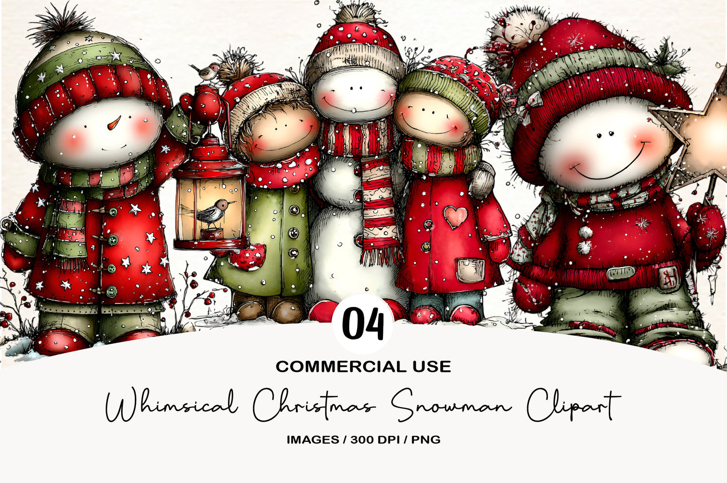 Whimsical Christmas Cute Snowman Clipart PNG Bundle | Adorable Watercolor Holiday Snowman | Festive Winter Snowman PNG