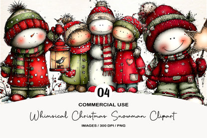 Whimsical Christmas Cute Snowman Clipart PNG Bundle | Adorable Watercolor Holiday Snowman | Festive Winter Snowman PNG