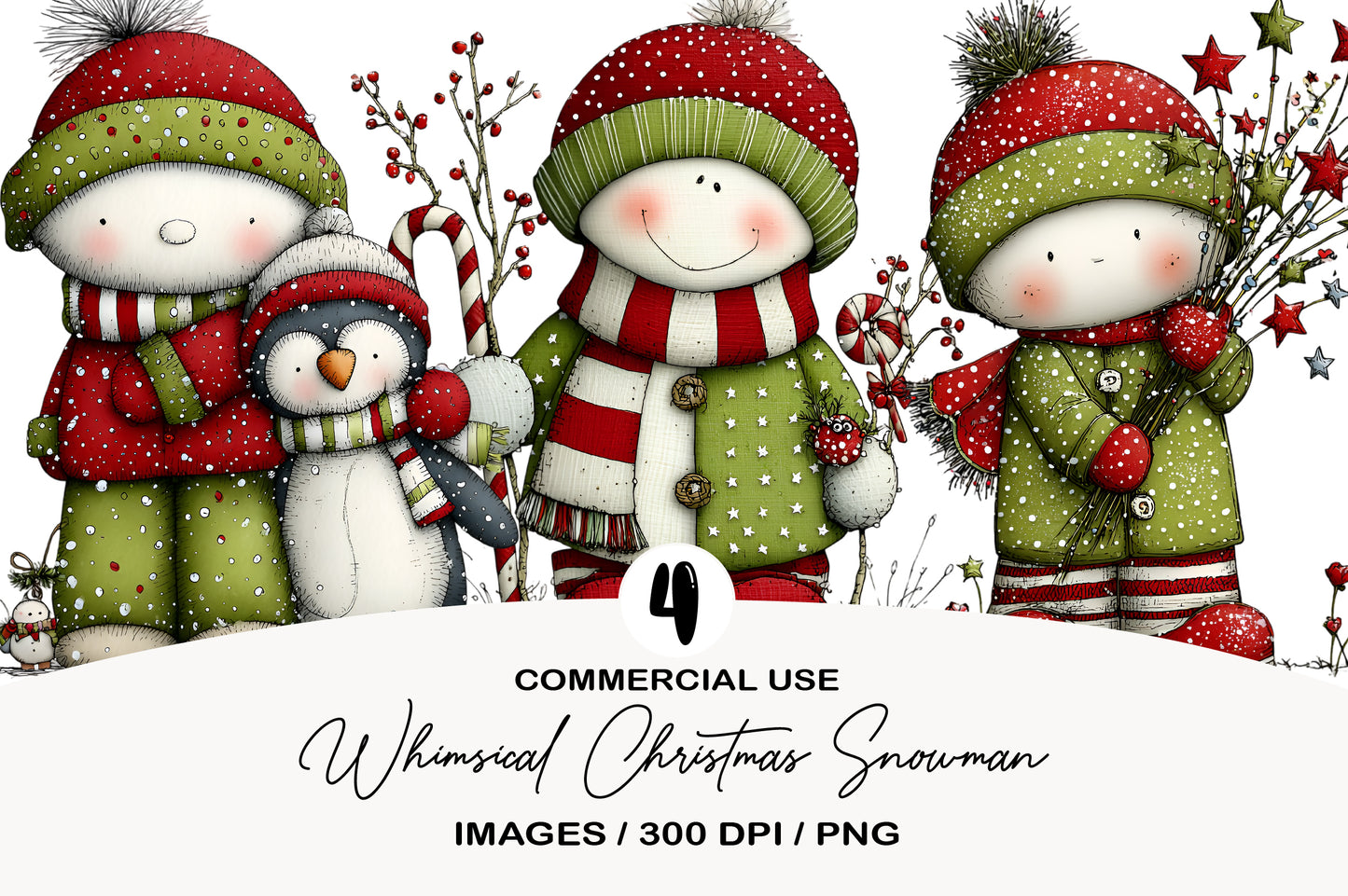 Whimsical Christmas Snowman Clipart PNG Bundle | Cute Watercolor Holiday Snowman Clipart | Festive Winter Snowman PNG