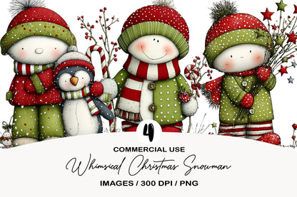 Whimsical Christmas Snowman Clipart PNG Bundle | Cute Watercolor Holiday Snowman Clipart | Festive Winter Snowman PNG