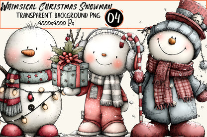 Whimsical Christmas Snowman Clipart PNG – 4 Designs