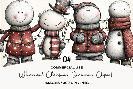 Whimsical Christmas Snowman PNG | Cute Snowman Clipart | 4 PNG