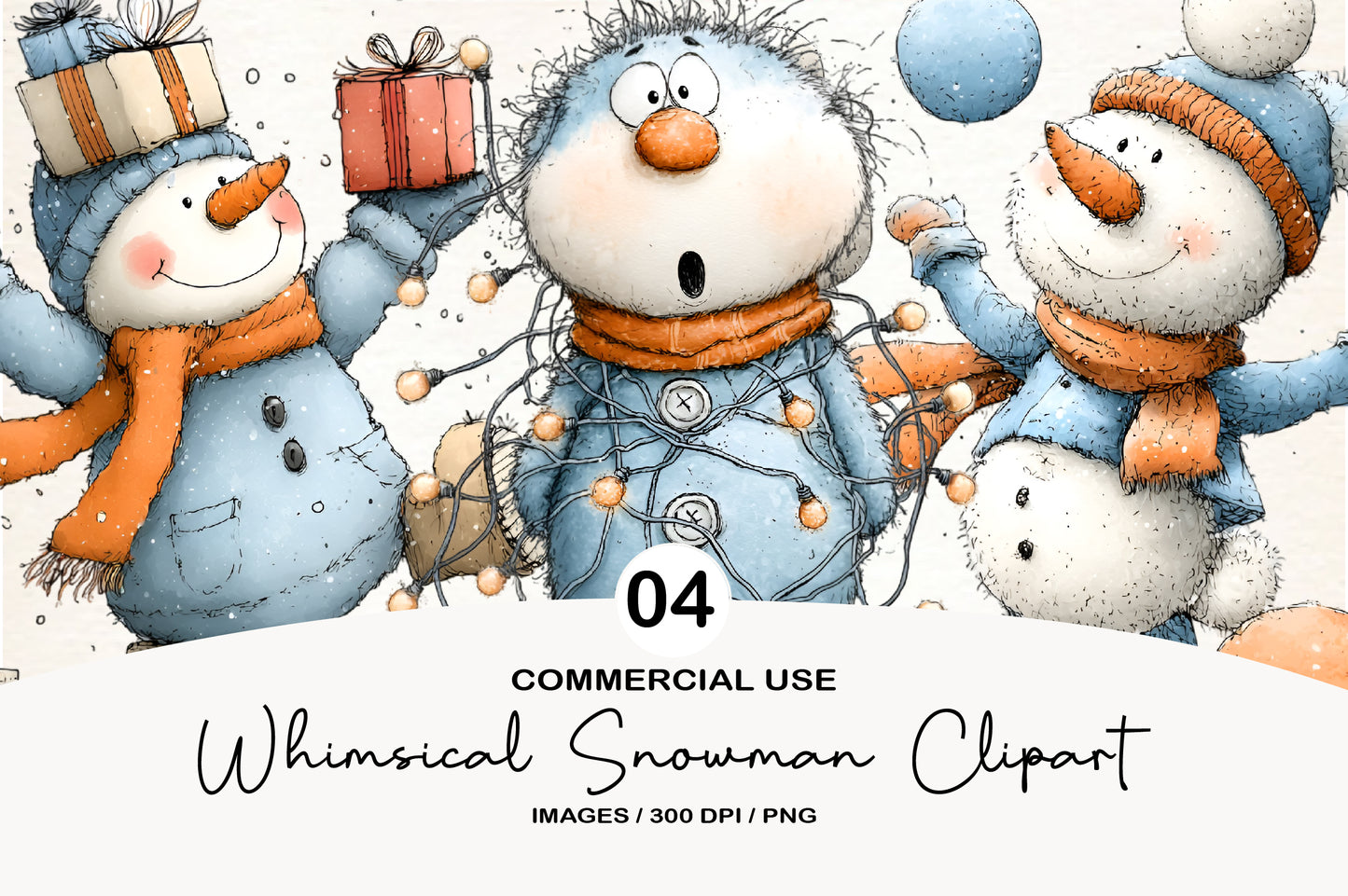 Whimsical Christmas Snowman Clipart PNG Bundle | Cute Watercolor Holiday Snowman Clipart | Festive Winter Snowman PNG