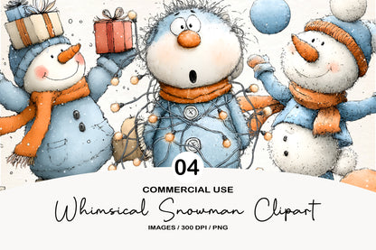 Whimsical Christmas Snowman Clipart PNG Bundle | Cute Watercolor Holiday Snowman Clipart | Festive Winter Snowman PNG