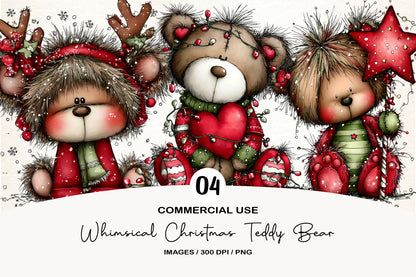 Whimsical Christmas Cute Teddy Bear Clipart PNG Bundle | Adorable Watercolor Holiday Teddy Bear | Festive Christmas Bear PNG