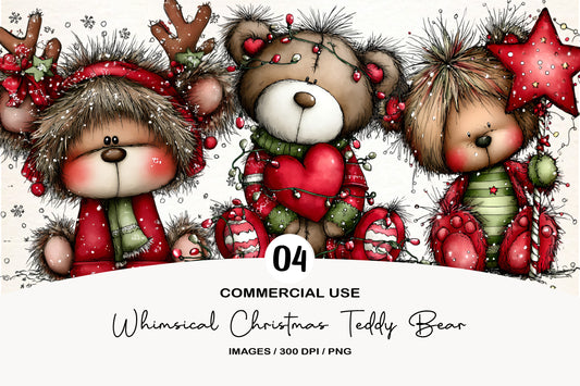 Whimsical Christmas Cute Teddy Bear Clipart PNG Bundle | Adorable Watercolor Holiday Teddy Bear | Festive Christmas Bear PNG