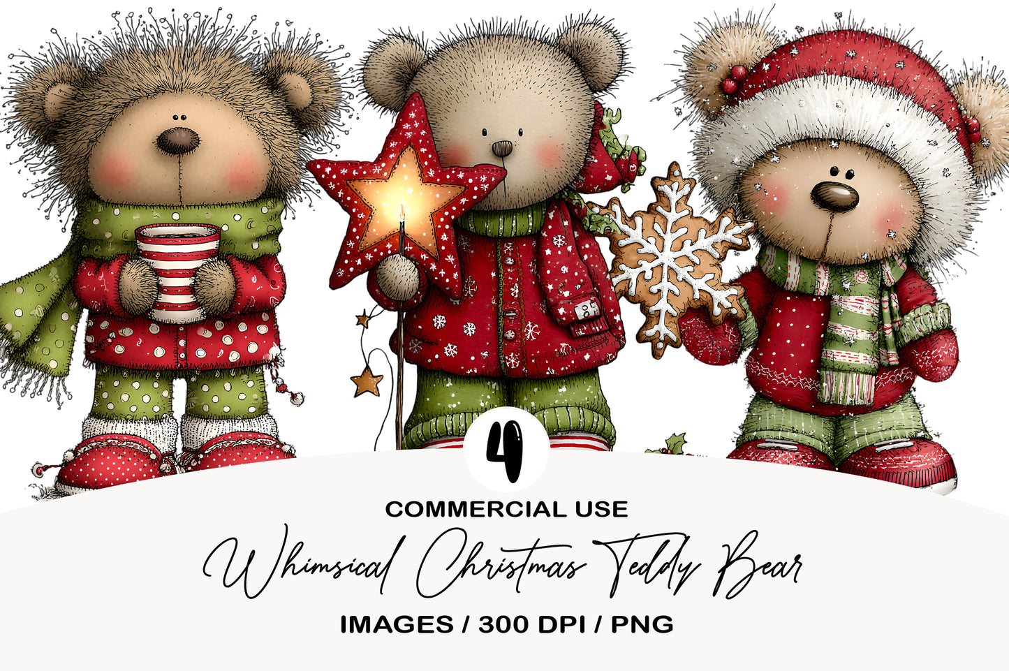 Whimsical Christmas Teddy Bear Clipart PNG Bundle | Cute Watercolor Holiday Teddy Bear Clipart | Festive Winter Bear PNG