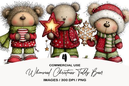 Whimsical Christmas Teddy Bear Clipart PNG Bundle | Cute Watercolor Holiday Teddy Bear Clipart | Festive Winter Bear PNG