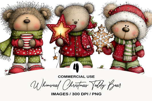 Whimsical Christmas Teddy Bear Clipart PNG Bundle | Cute Watercolor Holiday Teddy Bear Clipart | Festive Winter Bear PNG