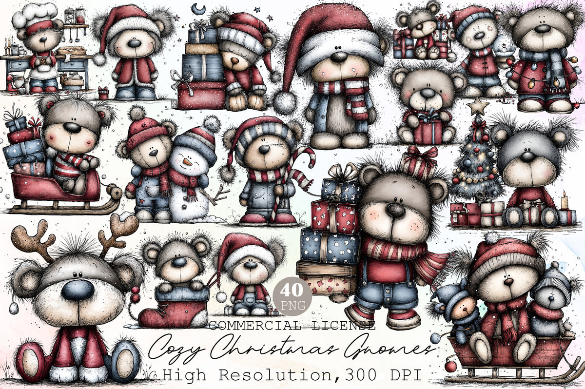 Whimsical Christmas Teddy Bear Clipart Cute Holiday Bear PNG Bundle