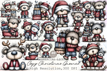Whimsical Christmas Teddy Bear Clipart Cute Holiday Bear PNG Bundle