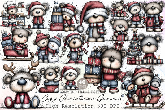 Whimsical Christmas Teddy Bear Clipart Cute Holiday Bear PNG Bundle