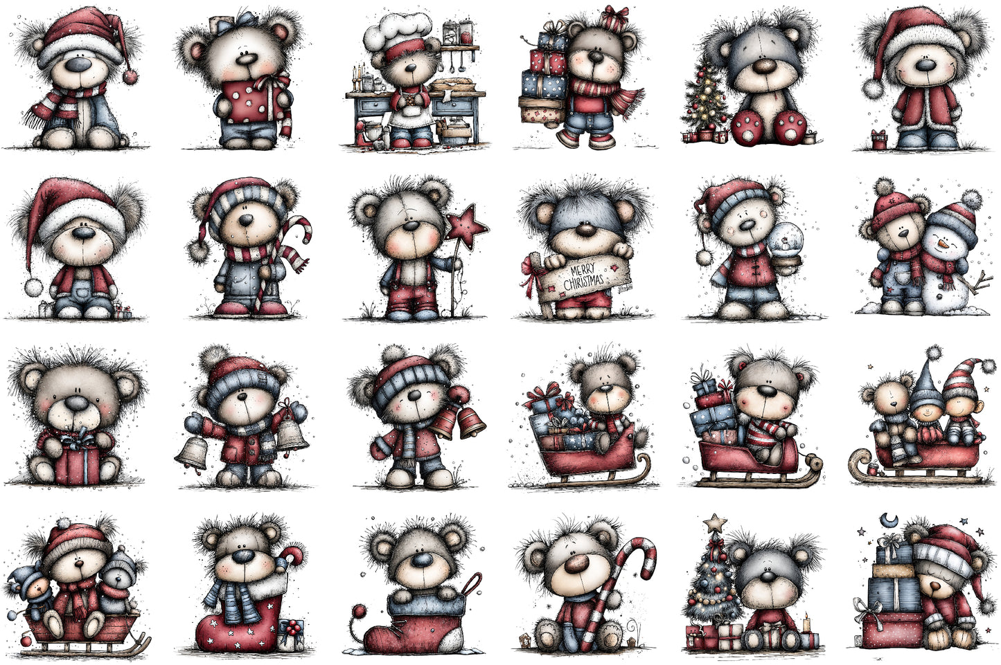 Whimsical Christmas Teddy Bear Clipart Cute Holiday Bear PNG Bundle