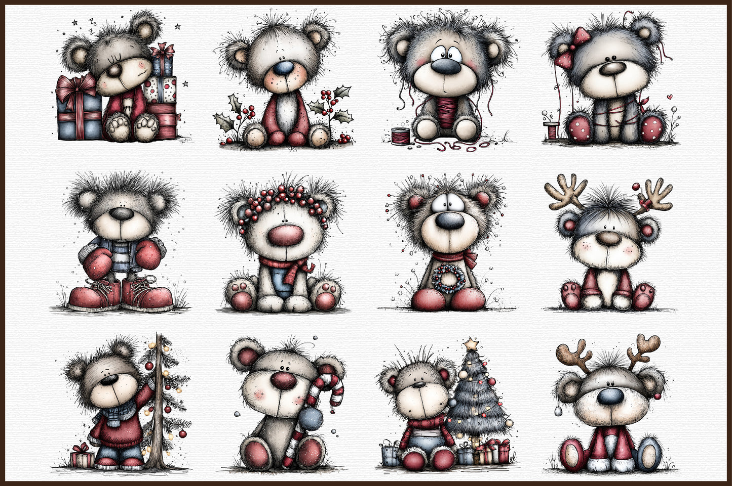 Whimsical Christmas Teddy Bear Clipart Cute Holiday Bear PNG Bundle