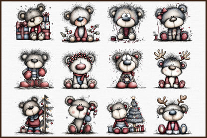 Whimsical Christmas Teddy Bear Clipart Cute Holiday Bear PNG Bundle