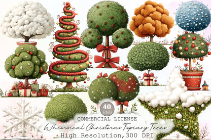 Whimsical Christmas Topiary Trees Clipart Holiday Tree PNG Bundle