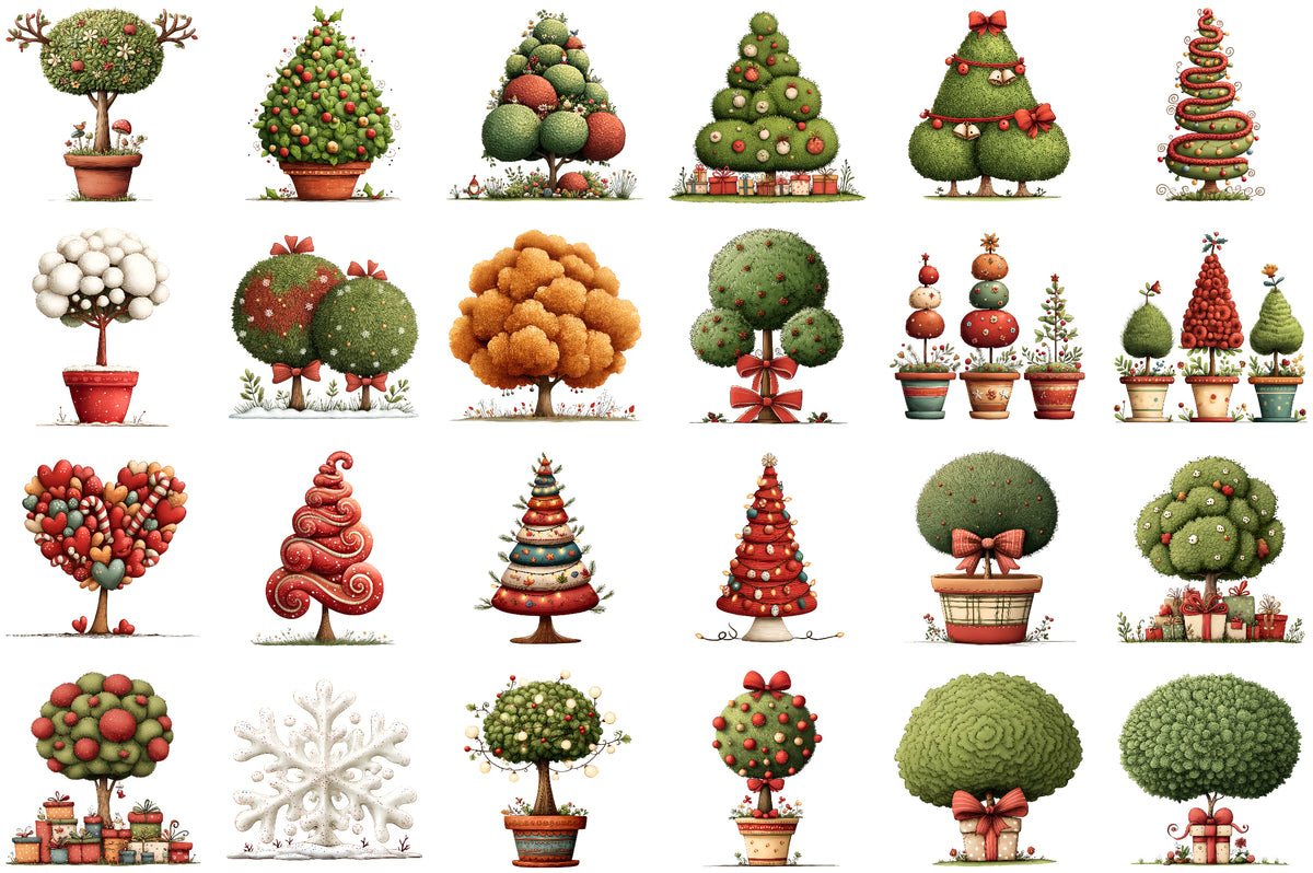 Whimsical Christmas Topiary Trees Clipart Holiday Tree PNG Bundle