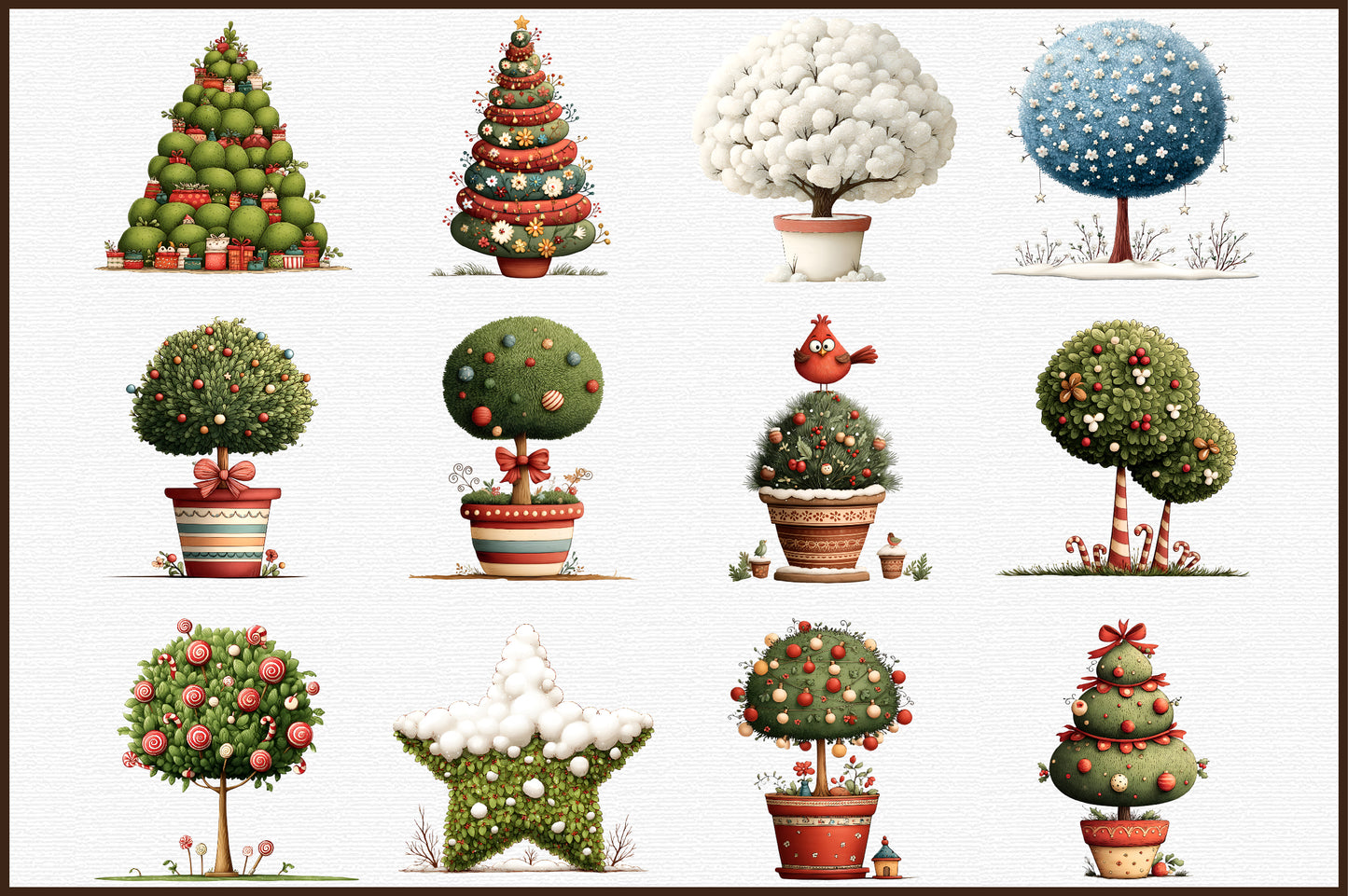 Whimsical Christmas Topiary Trees Clipart Holiday Tree PNG Bundle