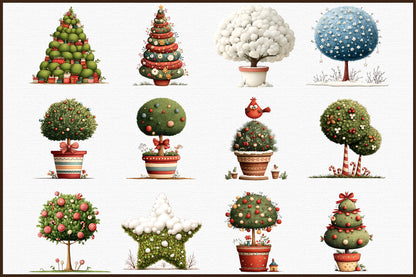 Whimsical Christmas Topiary Trees Clipart Holiday Tree PNG Bundle