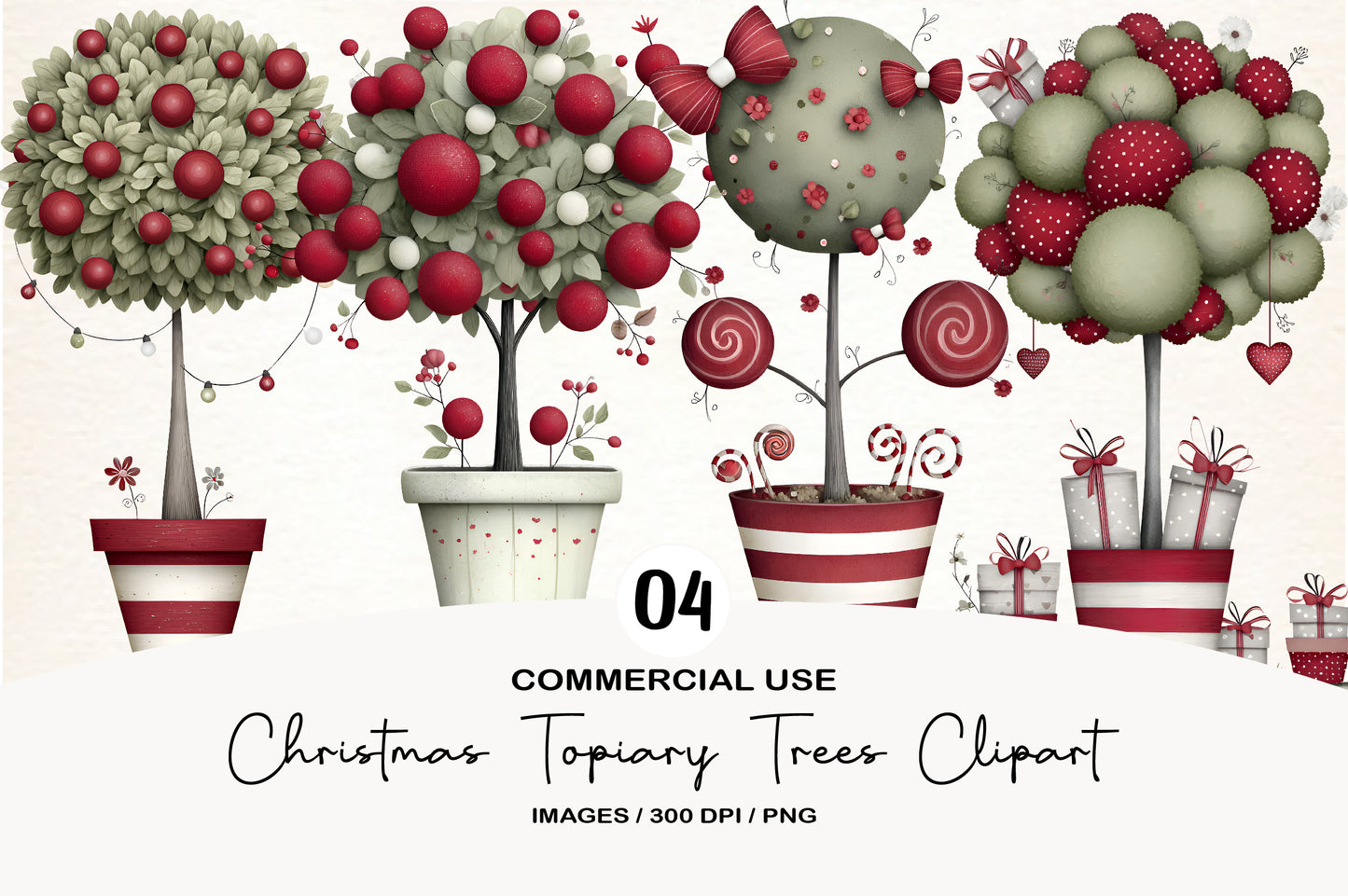 Whimsical Christmas Topiary Trees Clipart PNG Bundle | Cute Watercolor Holiday Topiary Trees | Festive Garden Tree PNG