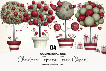Whimsical Christmas Topiary Trees Clipart PNG Bundle | Cute Watercolor Holiday Topiary Trees | Festive Garden Tree PNG