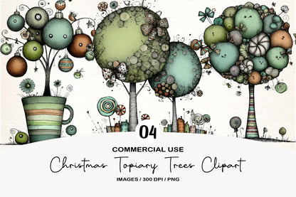 Whimsical Christmas Topiary Trees Clipart Vol. 2 PNG Bundle | Watercolor Holiday Topiary Tree Clipart | Festive Garden Trees
