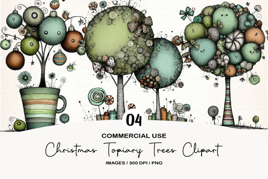 Whimsical Christmas Topiary Trees Clipart Vol. 2 PNG Bundle | Watercolor Holiday Topiary Tree Clipart | Festive Garden Trees