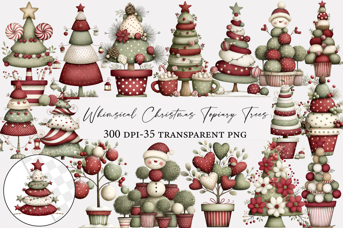 Whimsical Christmas Topiary Trees PNG | Christmas Tree Clipart | 35 Transparent PNG