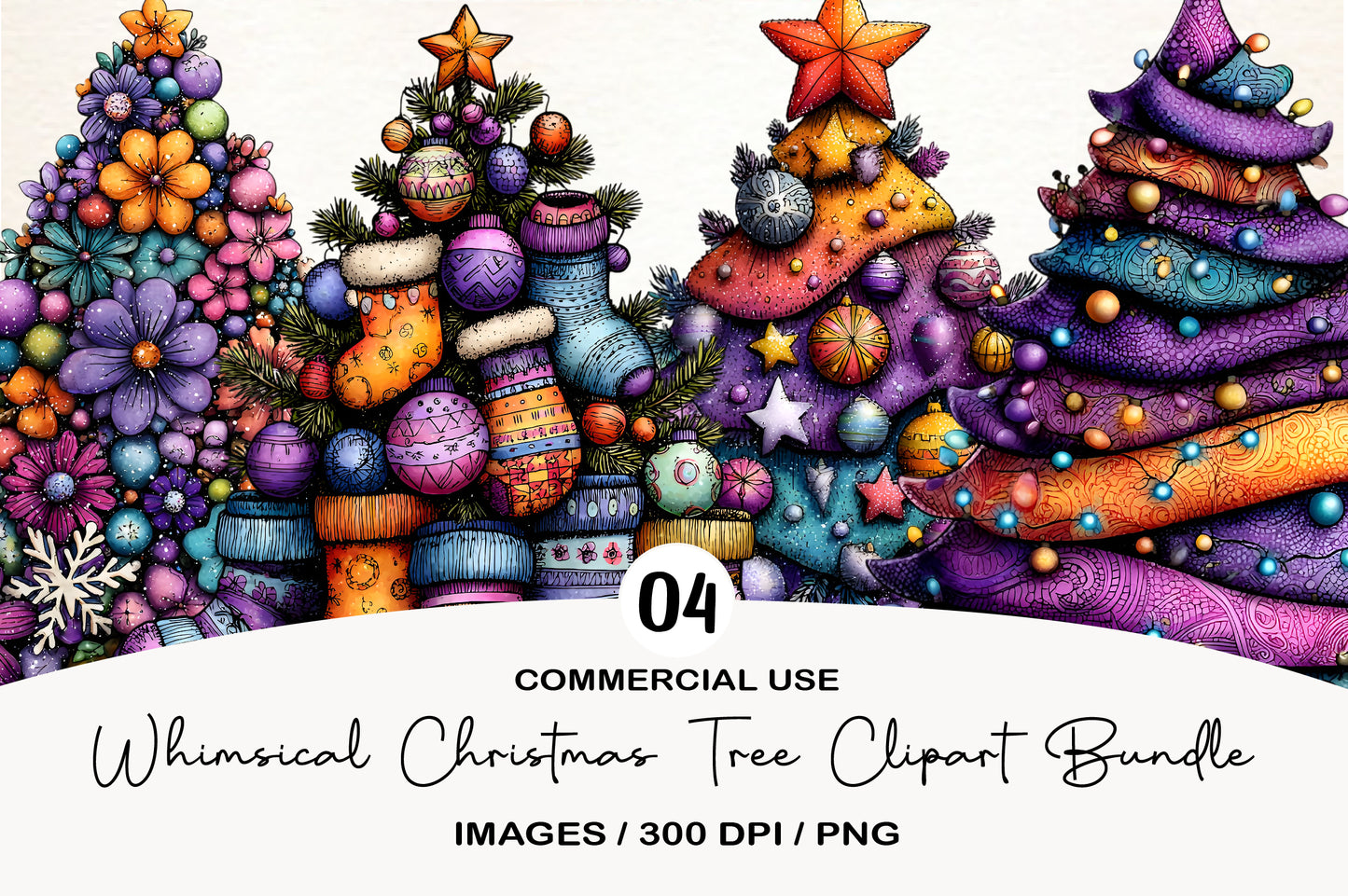 Whimsical Christmas Tree Clipart PNG Bundle | Cute Watercolor Holiday Christmas Tree Clipart
