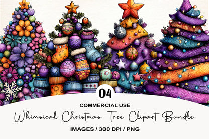 Whimsical Christmas Tree Clipart PNG Bundle | Cute Watercolor Holiday Christmas Tree Clipart