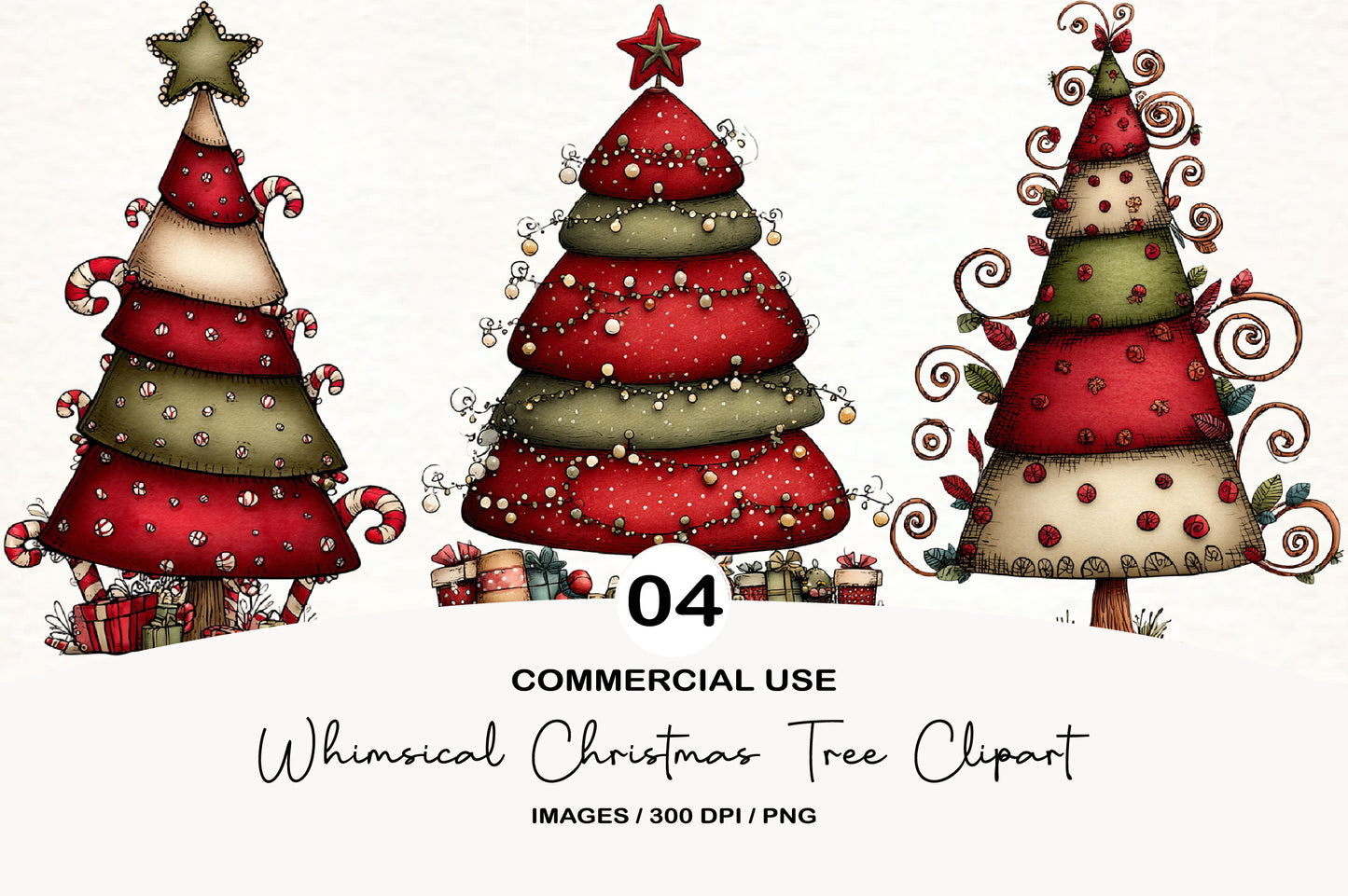 Whimsical Christmas Tree Clipart PNG Bundle | Cute Watercolor Holiday Christmas Trees