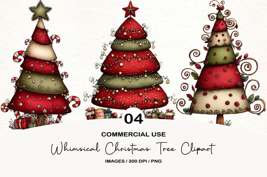 Whimsical Christmas Tree Clipart PNG Bundle | Cute Watercolor Holiday Christmas Trees