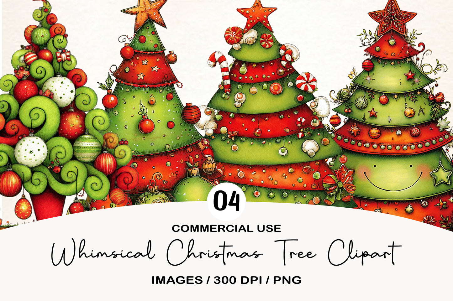 Whimsical Christmas Tree Clipart PNG Bundle | Cute Watercolor Holiday Christmas Trees | Festive Winter Tree PNG