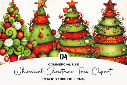 Whimsical Christmas Tree Clipart PNG Bundle | Cute Watercolor Holiday Christmas Trees | Festive Winter Tree PNG