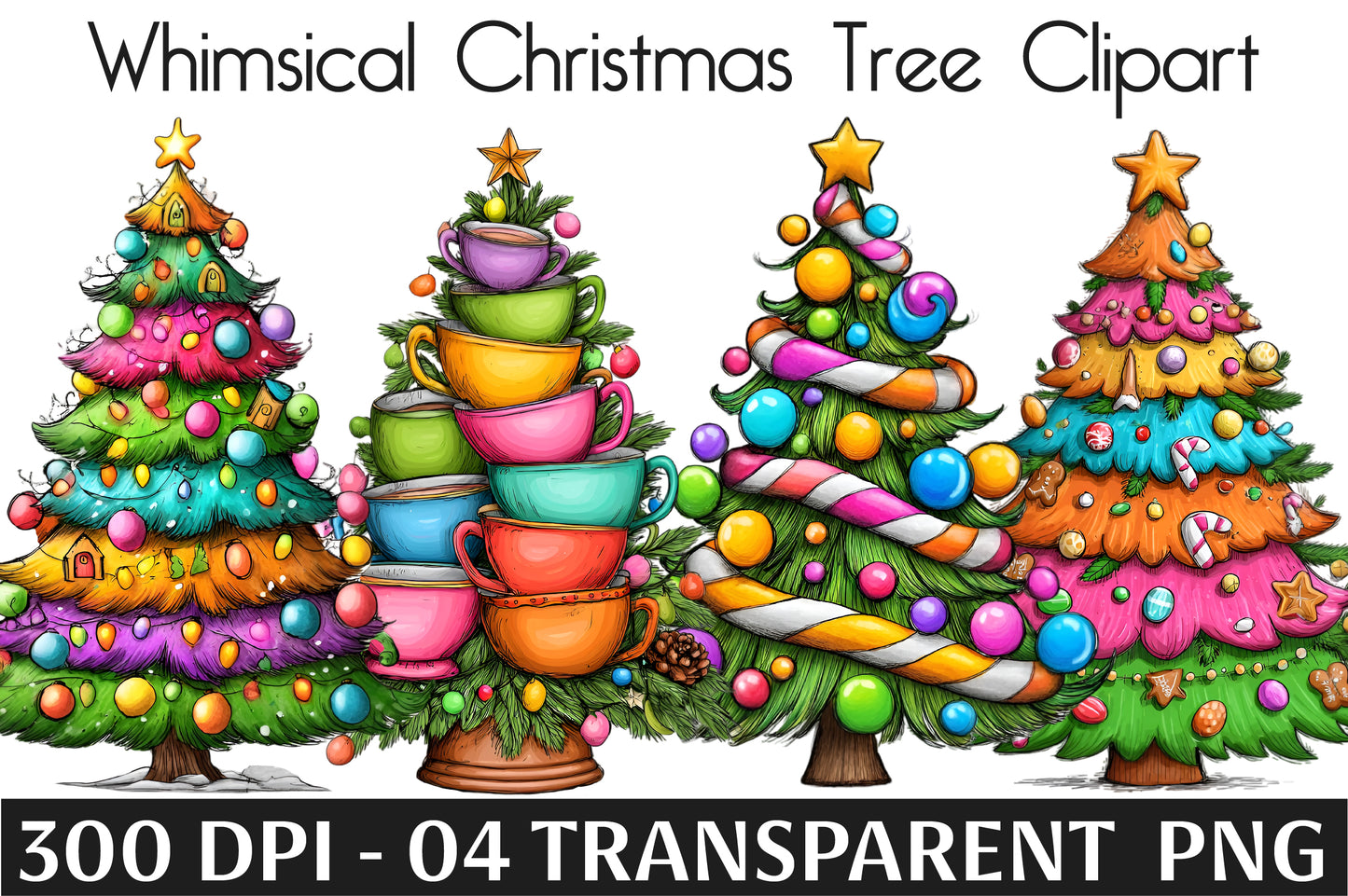 Whimsical Christmas Tree Clipart PNG Cute Colorful Holiday Tree Designs