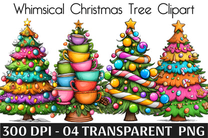Whimsical Christmas Tree Clipart PNG Cute Colorful Holiday Tree Designs
