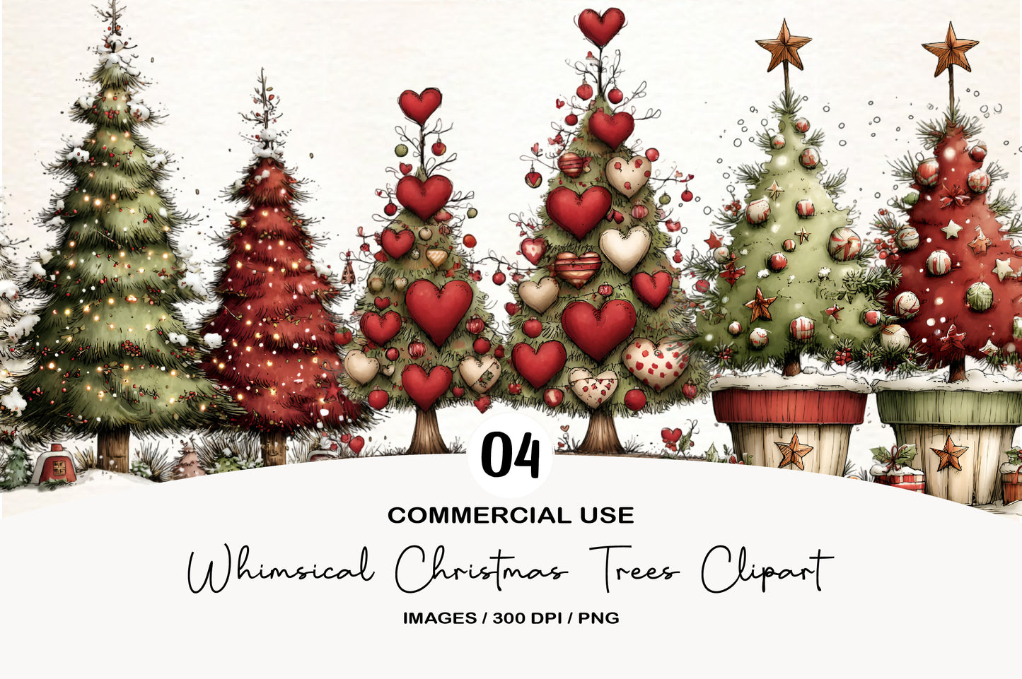 Whimsical Christmas Trees Clipart PNG Bundle | Cute Watercolor Holiday Christmas Trees | Festive Winter Tree PNG