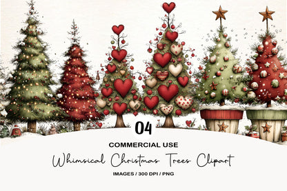 Whimsical Christmas Trees Clipart PNG Bundle | Cute Watercolor Holiday Christmas Trees | Festive Winter Tree PNG